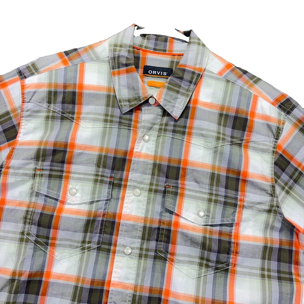 Orvis Western Shirt Mens Large Pearl Snap Active Fit Plaid Work Pockets Fishing